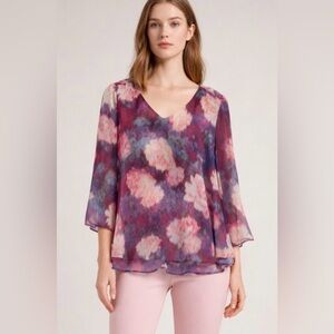 Jennifer Lopez watercolor floral chiffon blouse with bell sleeves. New